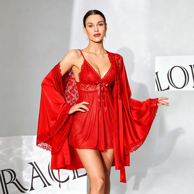 Lace Mesh Slip Dress &amp; Sheer Robe Set