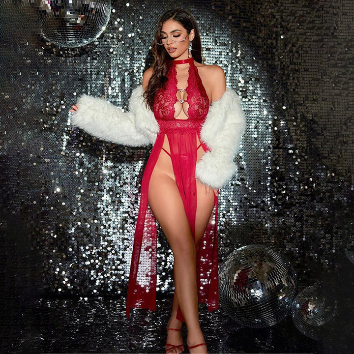 Embroidered Lace Heart Rhinestone Halter Split Sleep Dress