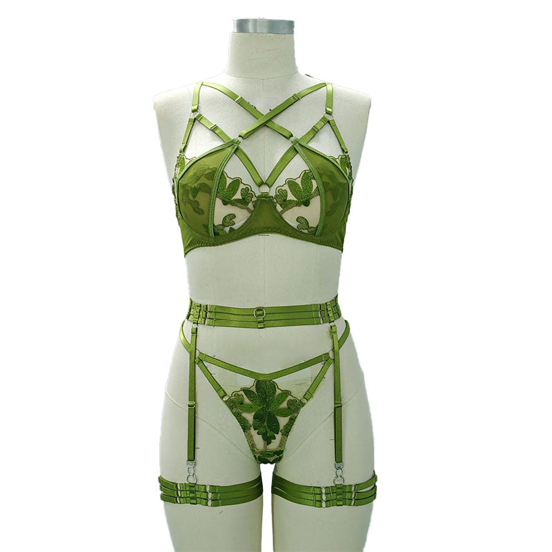 Strappy Embroidered Lace Lingerie Set