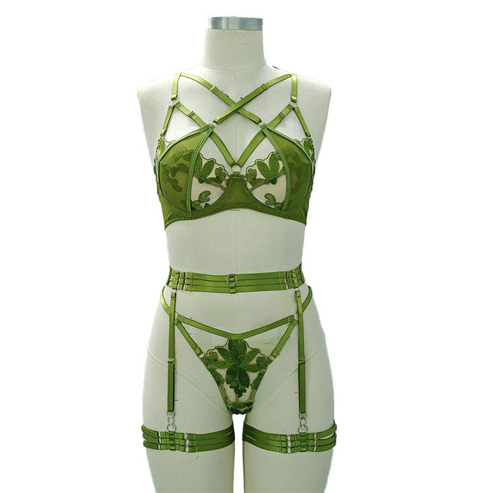 Strappy Embroidered Lace Lingerie Set