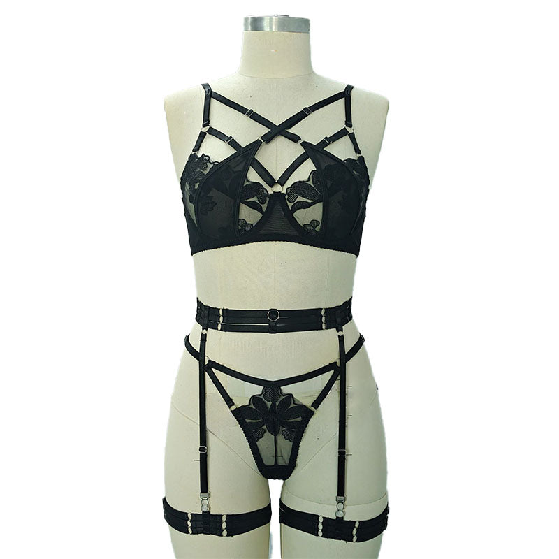 Strappy Embroidered Lace Lingerie Set