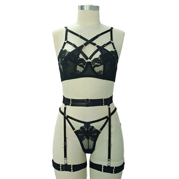 Strappy Embroidered Lace Lingerie Set