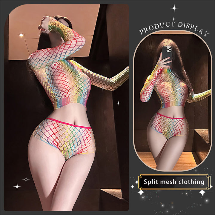 Elastic openwork mesh long-sleeved bodysuit