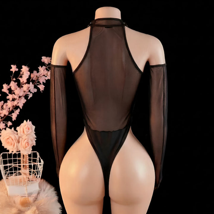 Sheer Mesh Halter Bodysuit with Sleeves