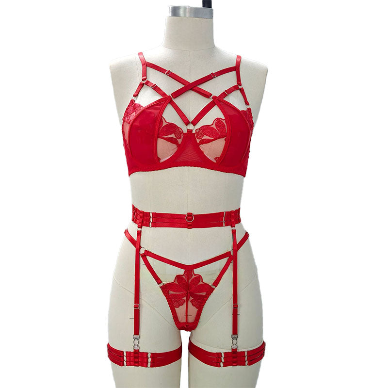 Strappy Embroidered Lace Lingerie Set