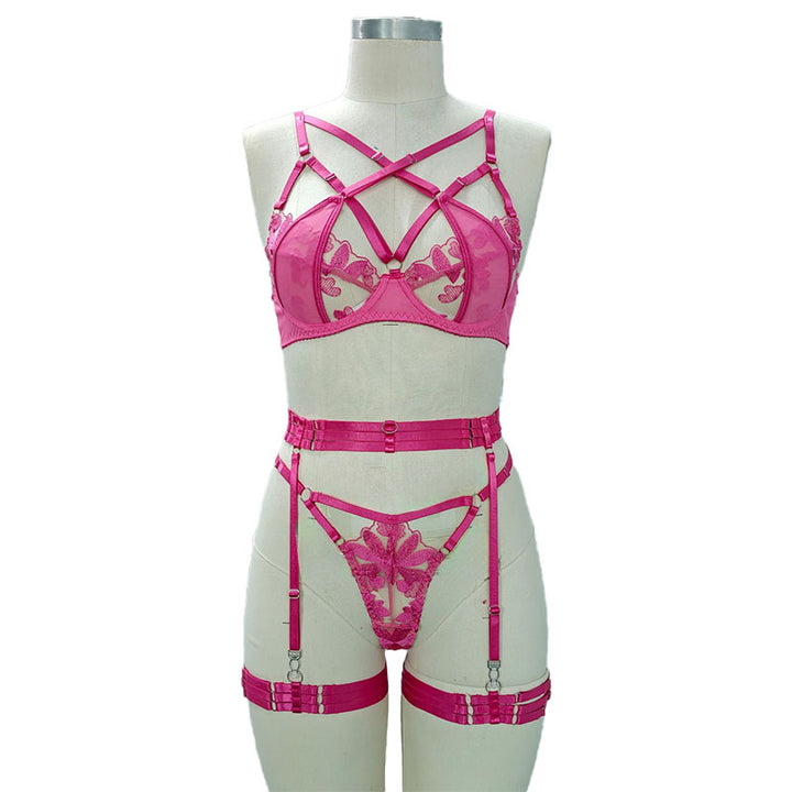 Strappy Embroidered Lace Lingerie Set