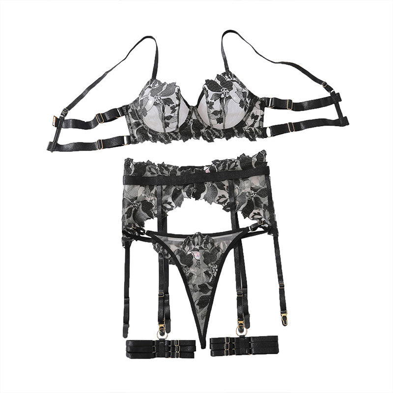 Black Floral Lace Garter Lingerie Set