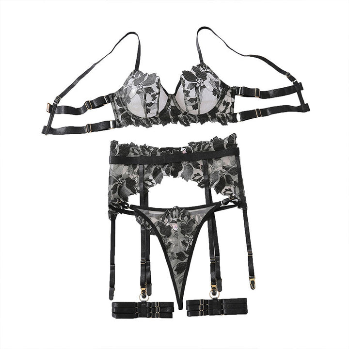 Black Floral Lace Garter Lingerie Set