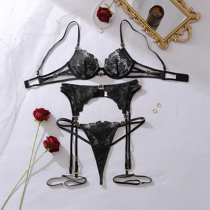 Rhinestone Floral Lace Three-Piece Lingerie Set