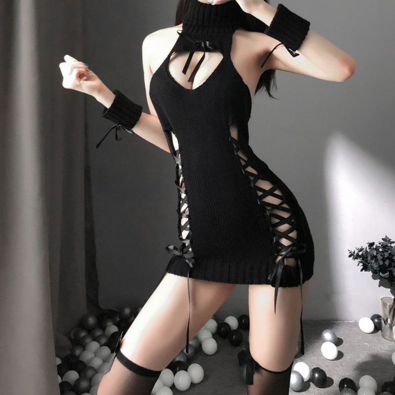 Sexy Gray Knitted Lace-Up Halter Dress