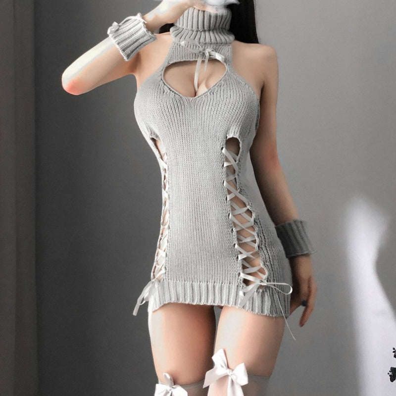 Sexy Gray Knitted Lace-Up Halter Dress