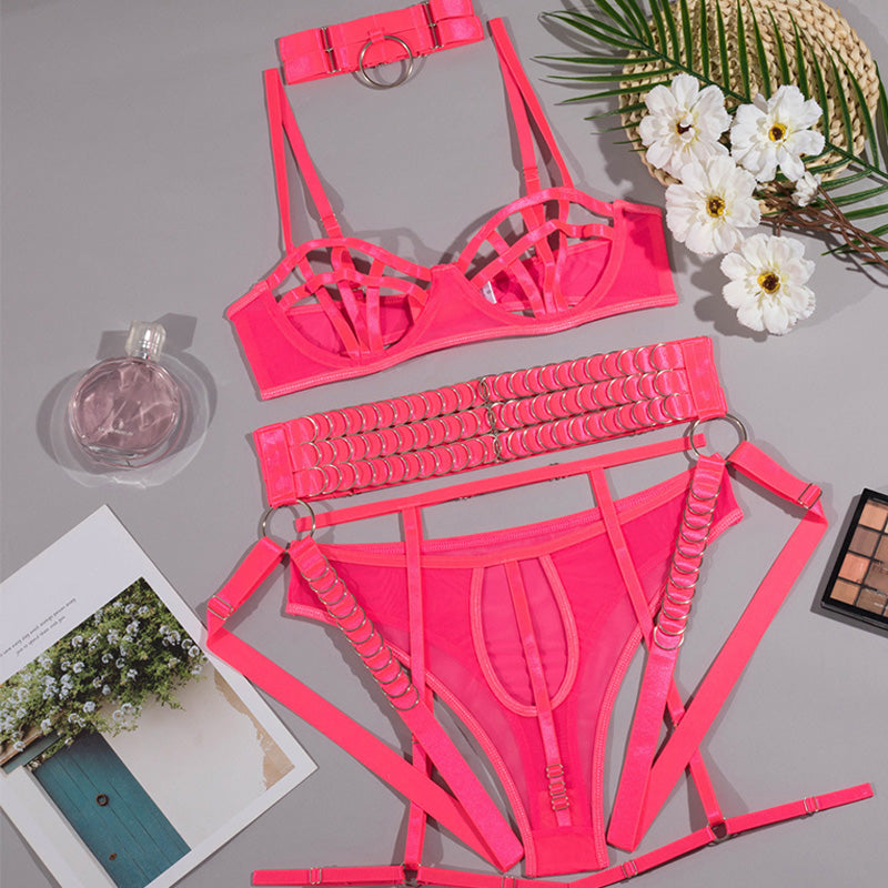 O-ring strap mesh bra set (four-piece set)