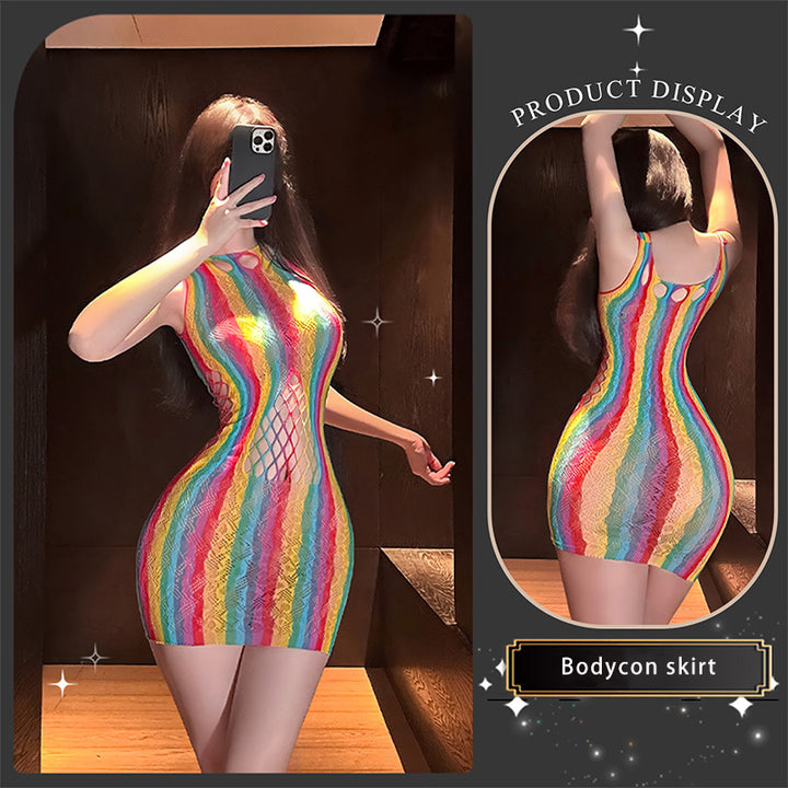 Elastic openwork mesh long-sleeved bodysuit