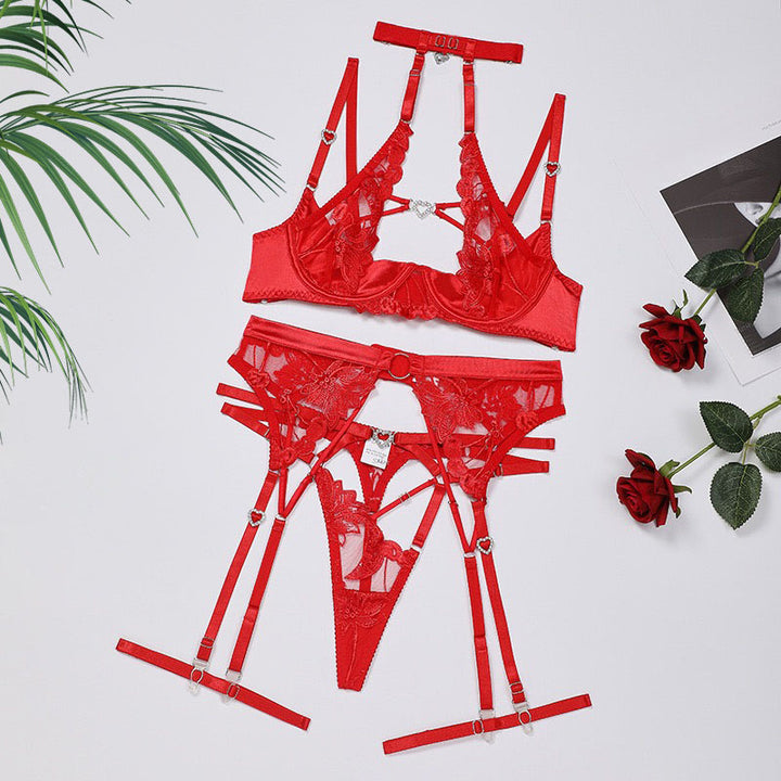 Diamond Heart Halter Embroidery Lingerie Set