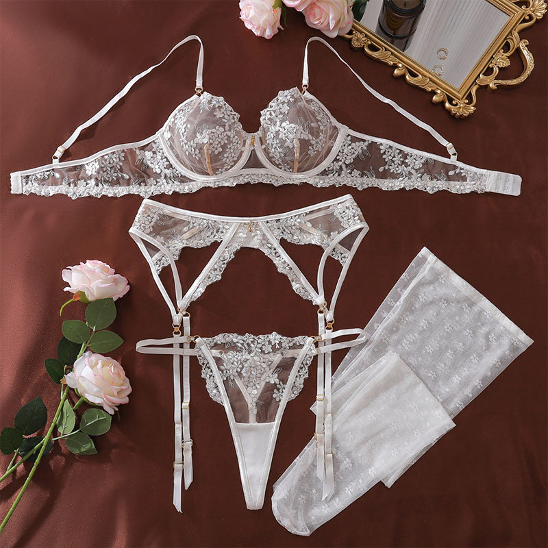 Floral Embroidery Underwire Bustier Lingerie Set