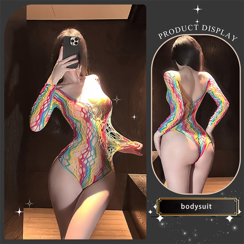 Elastic openwork mesh long-sleeved bodysuit