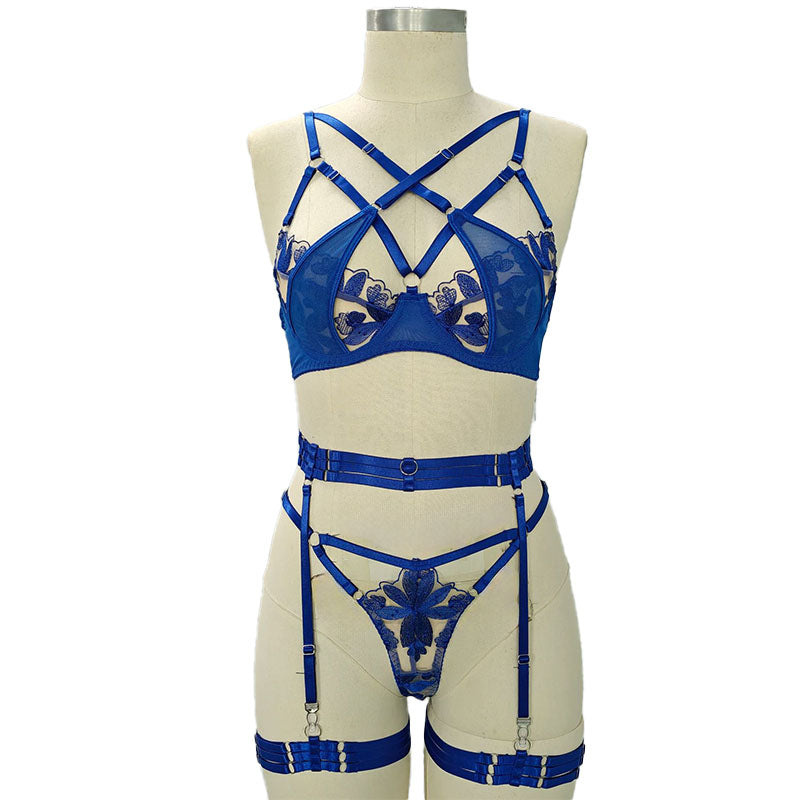 Strappy Embroidered Lace Lingerie Set