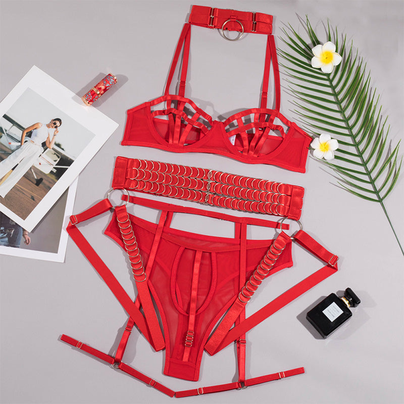 O-ring strap mesh bra set (four-piece set)