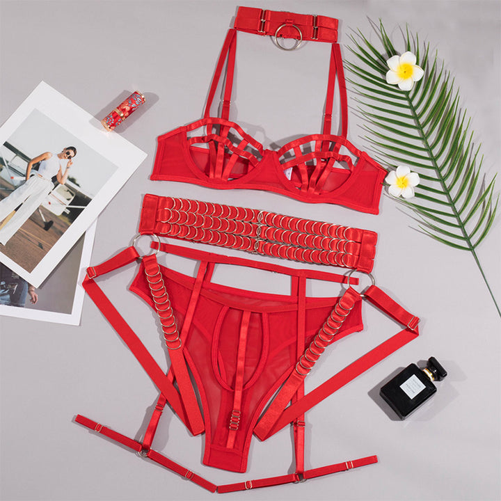 O-ring strap mesh bra set (four-piece set)