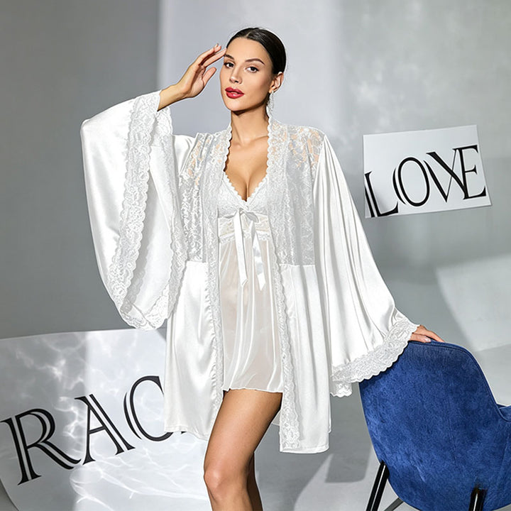 Lace Mesh Slip Dress &amp; Sheer Robe Set