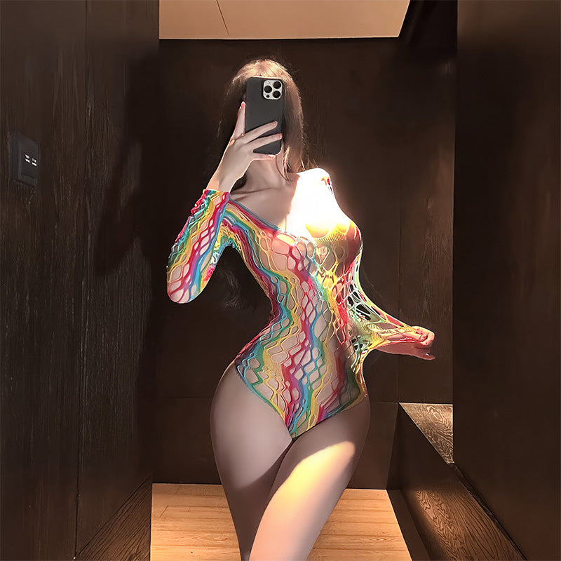 Elastic openwork mesh long-sleeved bodysuit