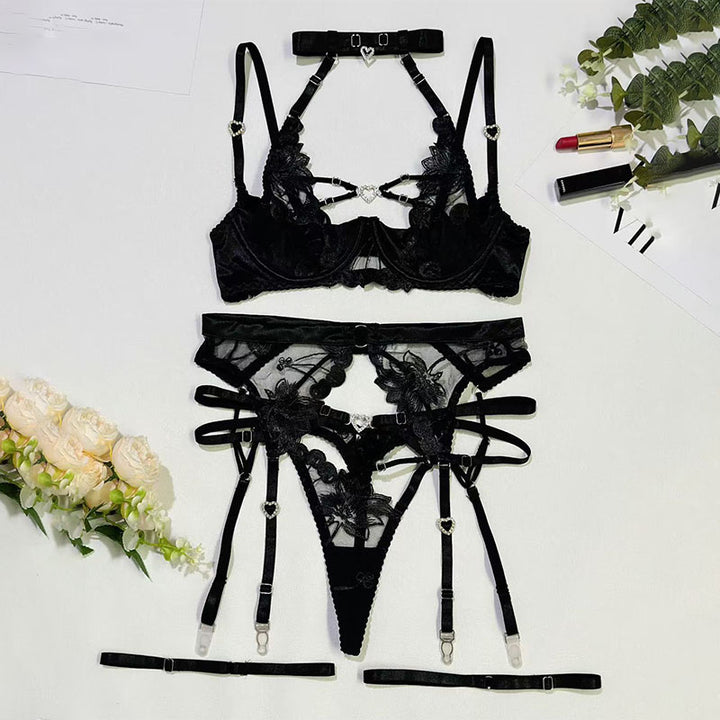Diamond Heart Halter Embroidery Lingerie Set