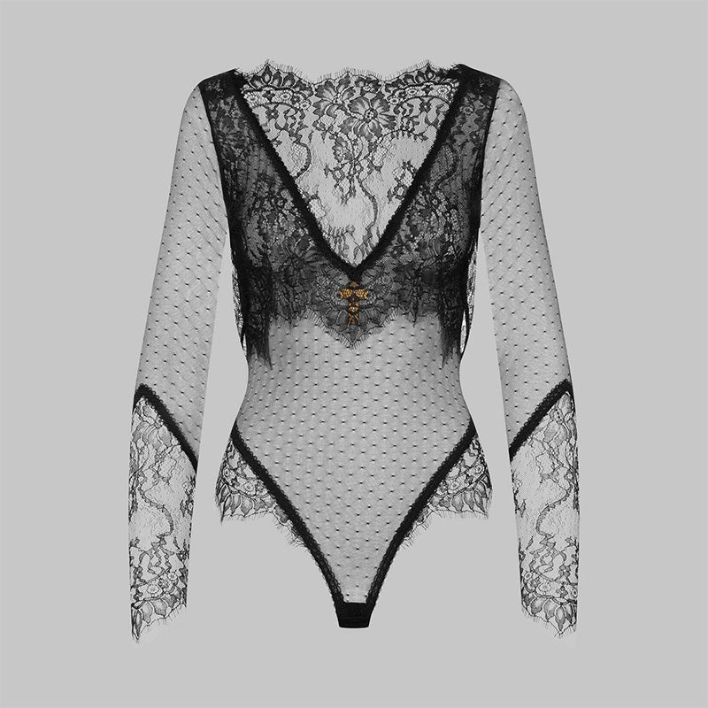 Polka dot tulle long-sleeved bodysuit