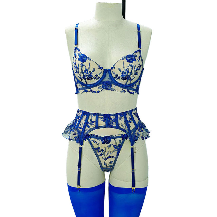 Floral Embroidery Garter Stockings Lingerie Set