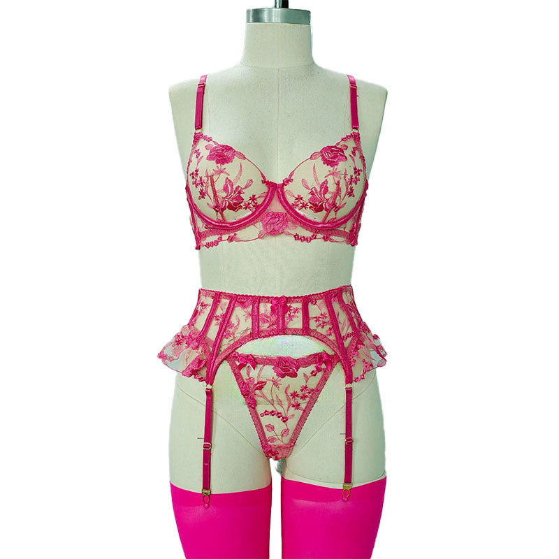 Floral Embroidery Garter Stockings Lingerie Set