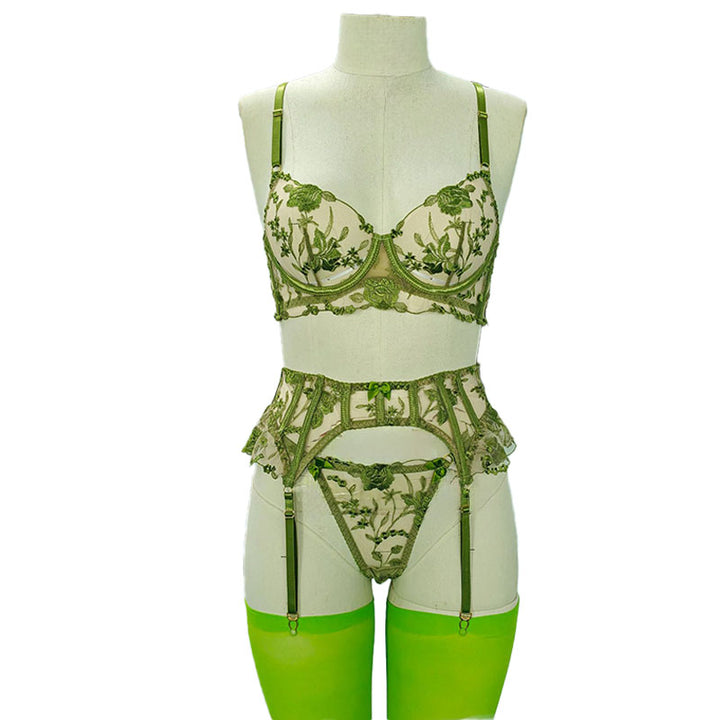 Floral Embroidery Garter Stockings Lingerie Set