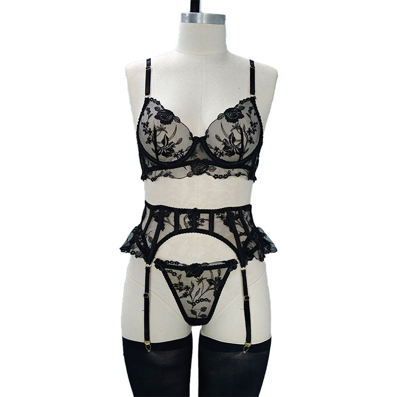 Floral Embroidery Garter Stockings Lingerie Set