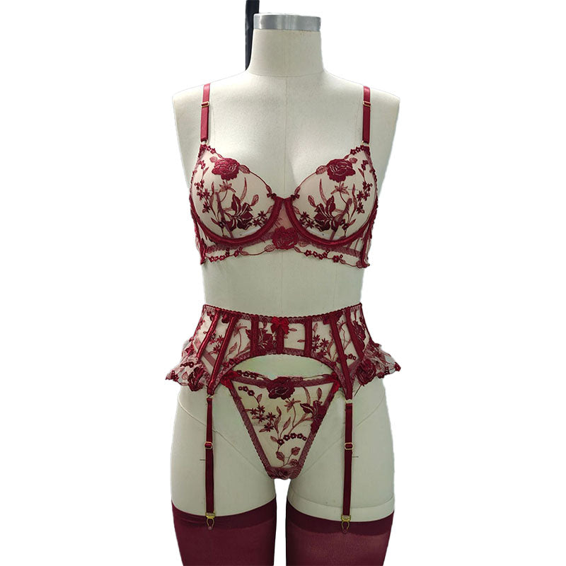 Floral Embroidery Garter Stockings Lingerie Set
