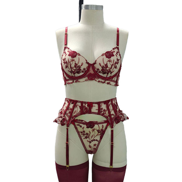 Floral Embroidery Garter Stockings Lingerie Set