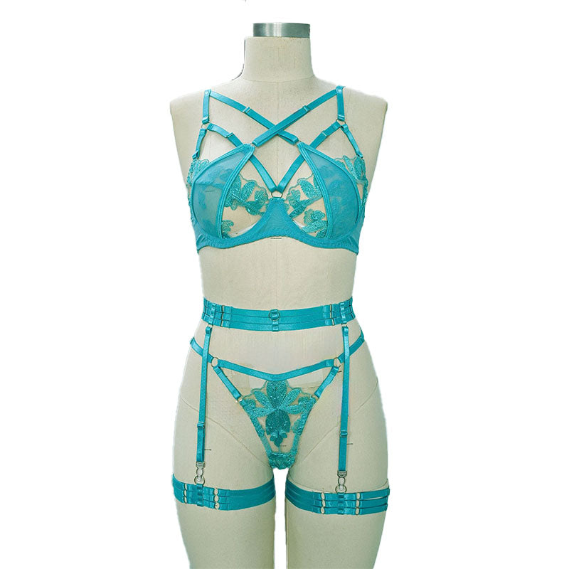 Strappy Embroidered Lace Lingerie Set