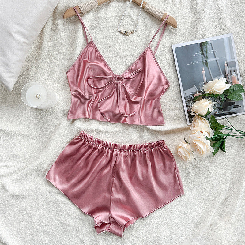 Bow-tie satin pajama set (two-piece)