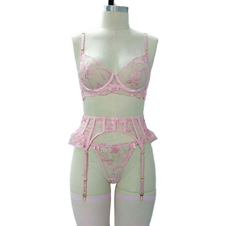 Floral Embroidery Garter Stockings Lingerie Set