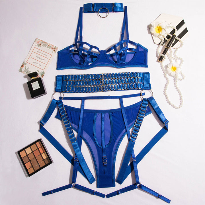 O-ring strap mesh bra set (four-piece set)