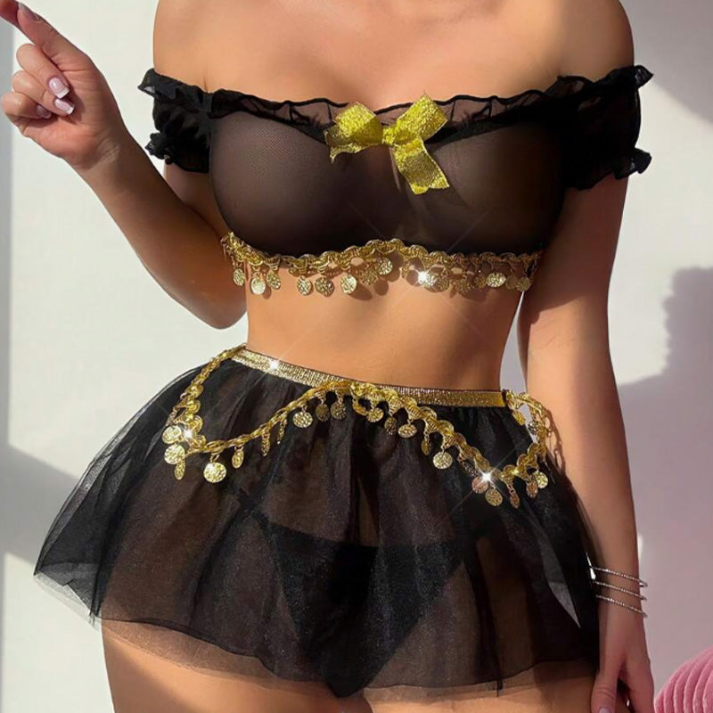 Off Shoulder Sequin Tassel Mesh Lingerie Set