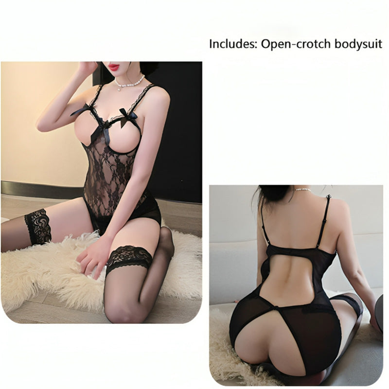 Lace Hollow Out Open Crotch Bodysuit
