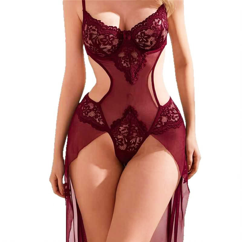 Hollowed-Out Lace Mesh Halter Slit Bodysuit