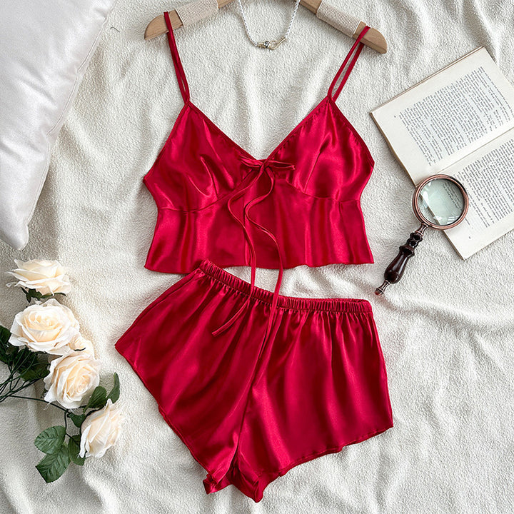 Bow-tie satin pajama set (two-piece)
