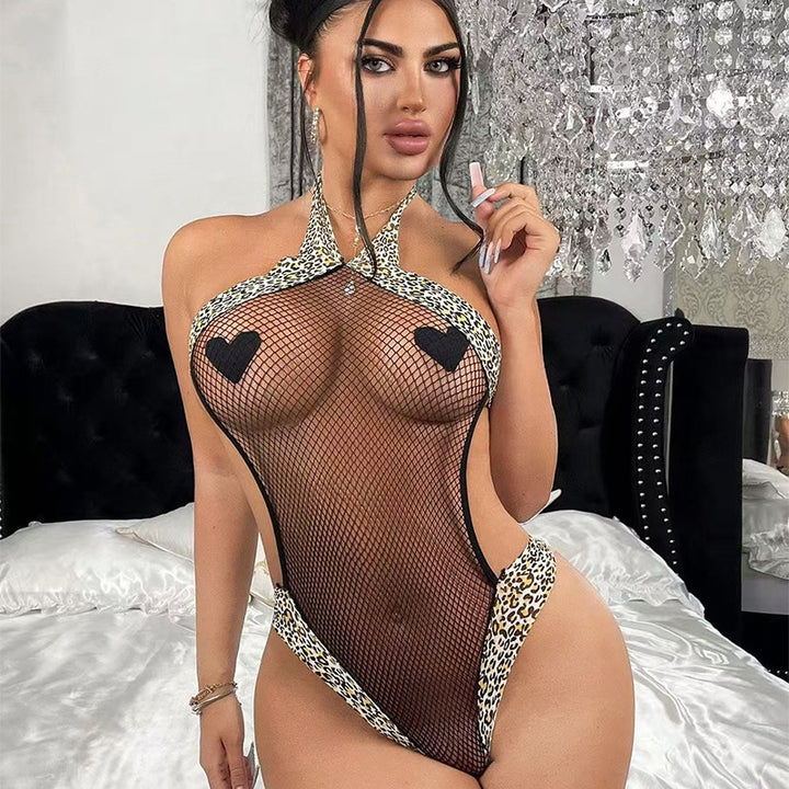Black Fishnet Leopard Trim Bodysuit