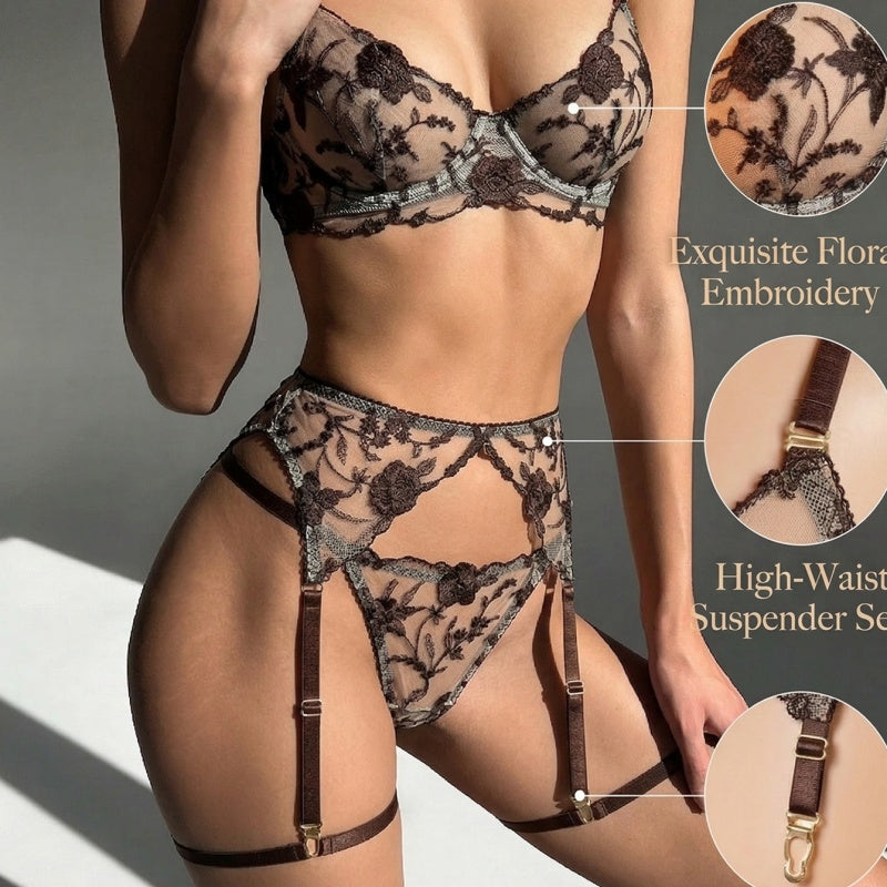 Seductive Chocolate Lace Bra Garter Set