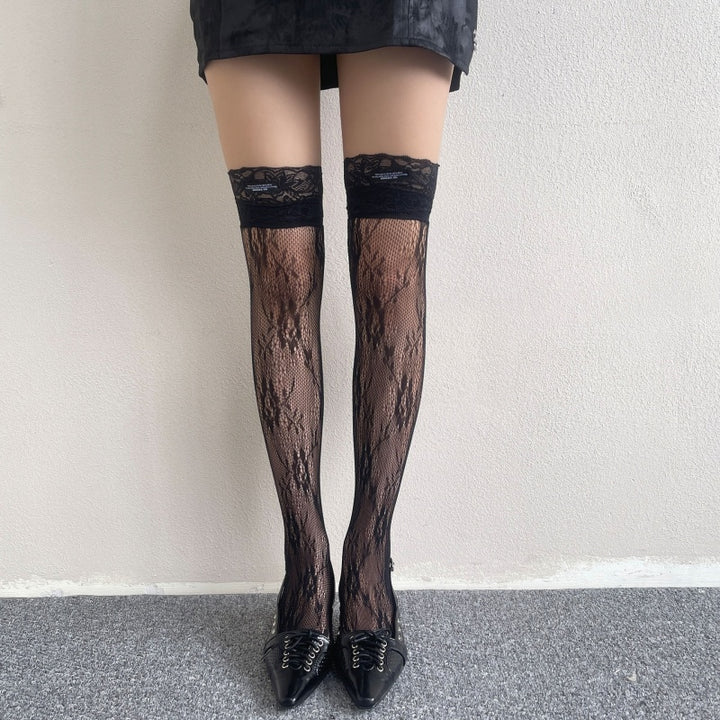 Black Lace Patterned Thigh-High Stockings