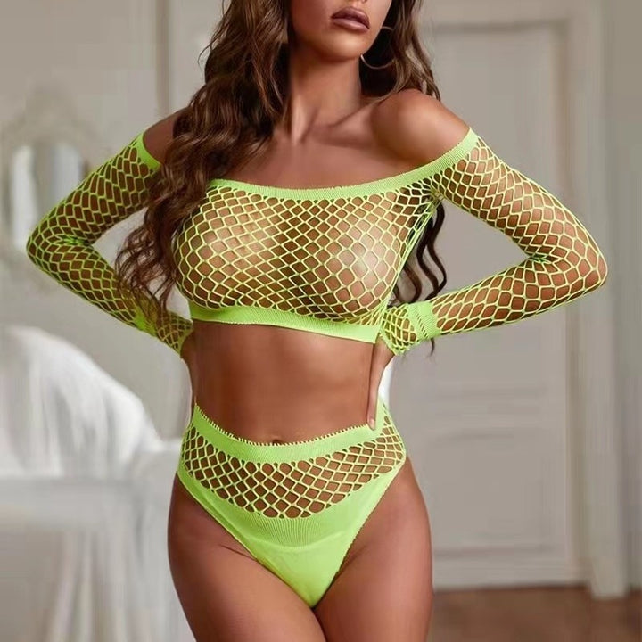Red Fishnet Long Sleeve Two-Piece Set
