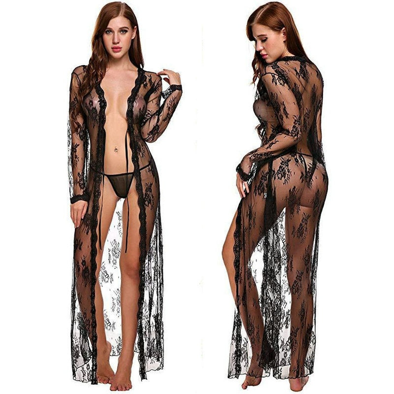 Black Floral Lace Long Robe