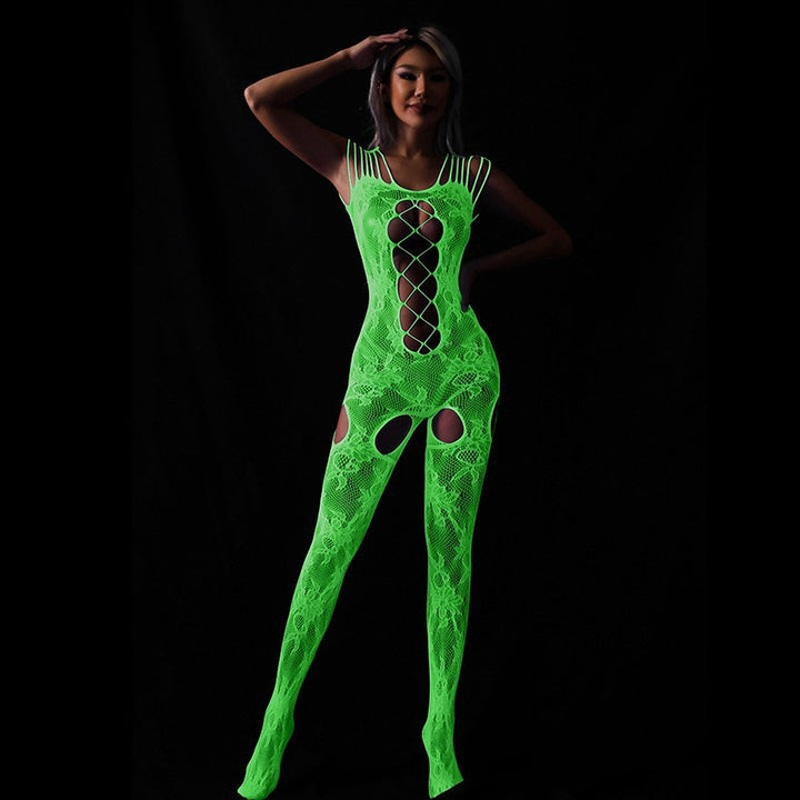 Neon Green Glow Fishnet Two-Piece Set