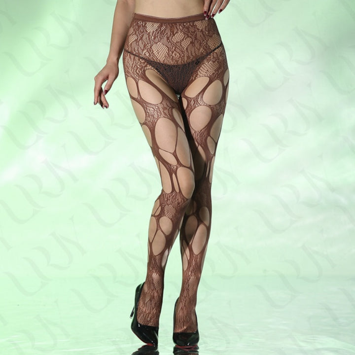 Brown Lace Cut-Out Patterned Pantyhose