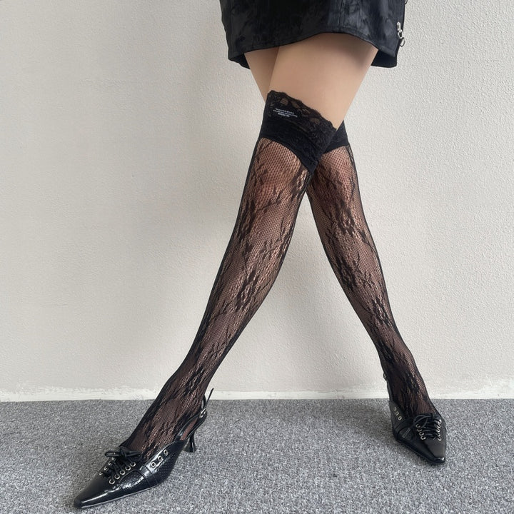 Black Lace Patterned Thigh-High Stockings