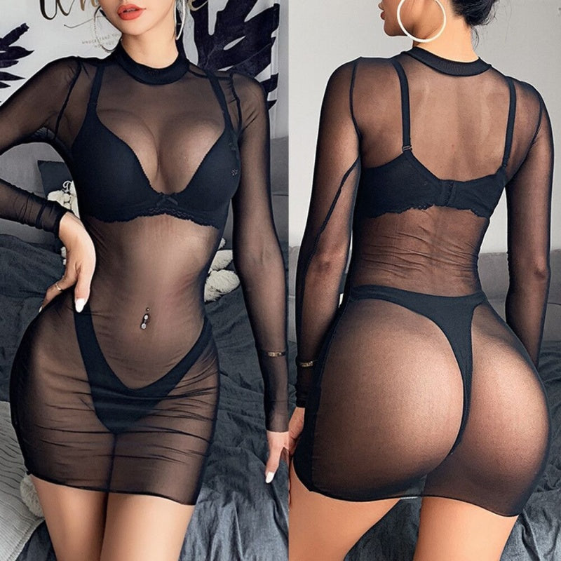 Black Sheer Long Sleeve Mesh Mini Dress